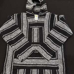 Classic Mexican Style Baja Pullover Jacket Black / White sz S Hippy Hoodie